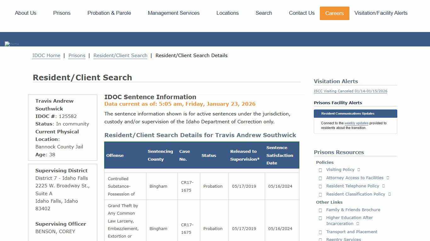Resident/Client Search Details Idaho Department of Correction