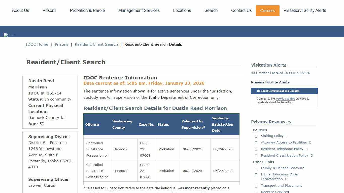 Resident/Client Search Details Idaho Department of Correction